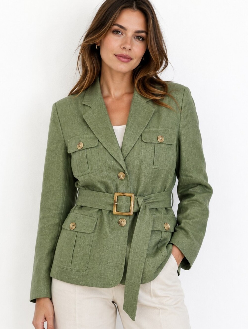 Chadwicks 100% Linen Safari Jacket Belted Olive Green Utility Blazer 10